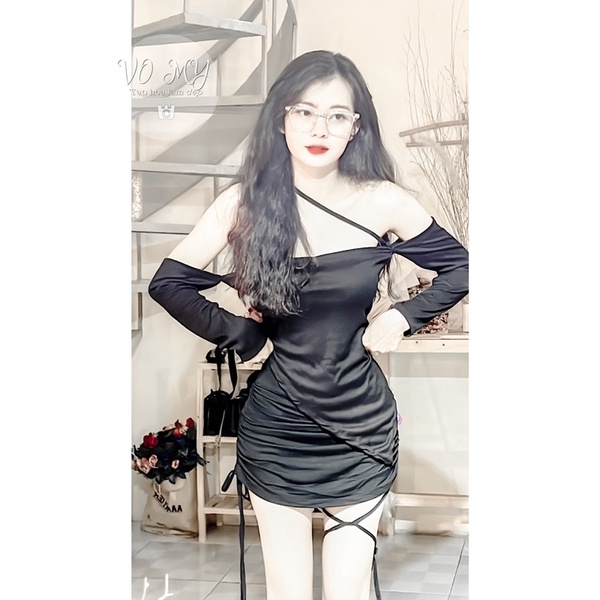 Set áo tay dài chéo dây phối chân váy rút