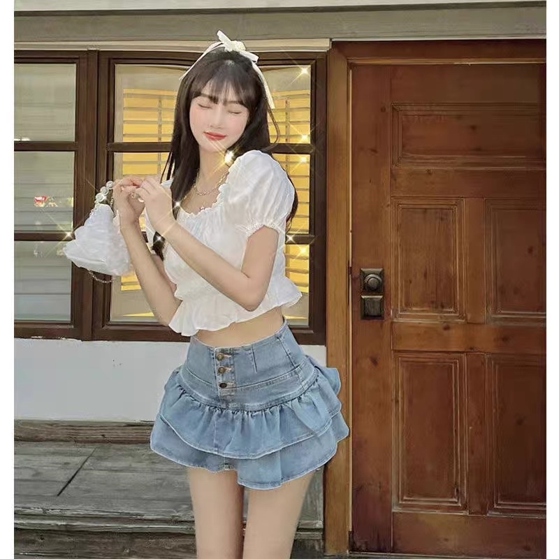 Chân Váy Jean Đuôi Cá Xòe Chữ A Có Quần Bảo Hộ  Chân Váy Xòe Dáng Ngắn Phong Cách Hàn Quốc YUMI BÁN SỈ