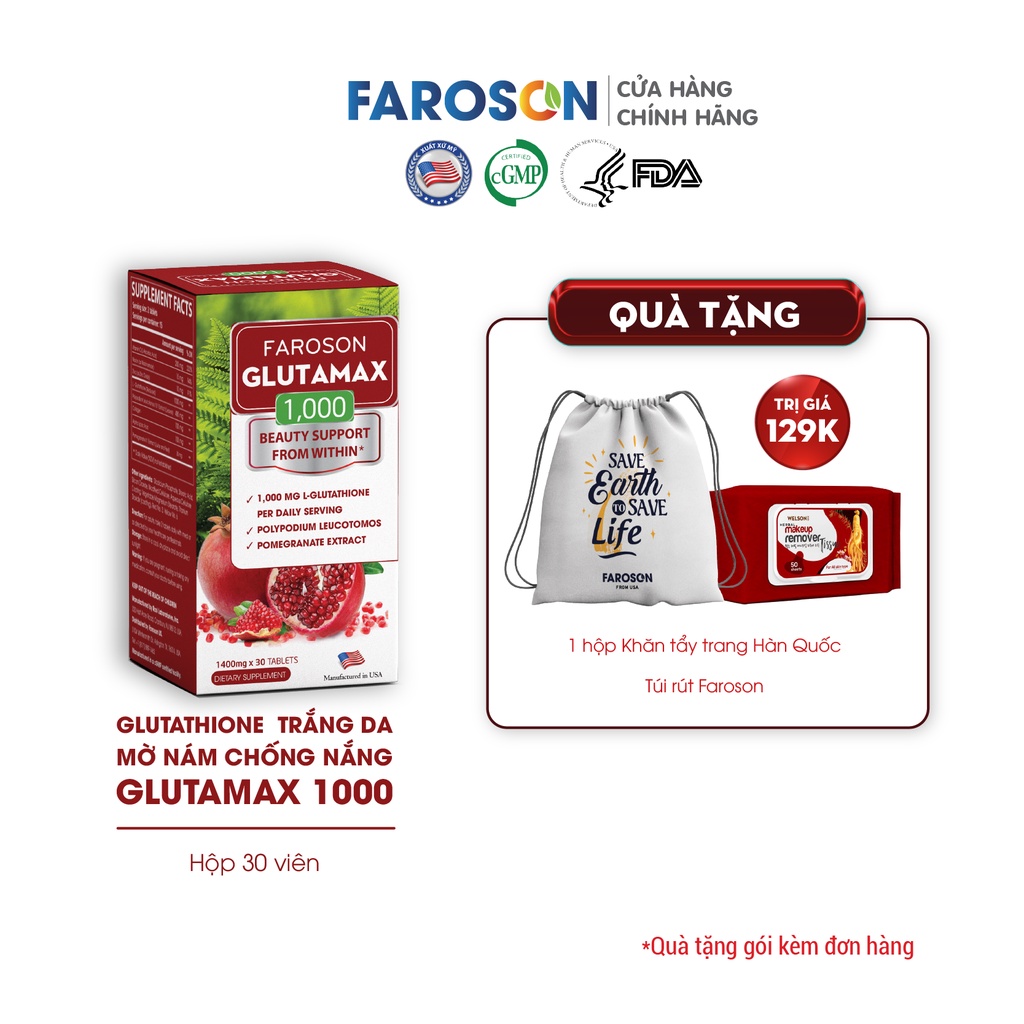 Glutathione trắng da mờ nám chống nắng Glutamax 1000 hộp 30 viên