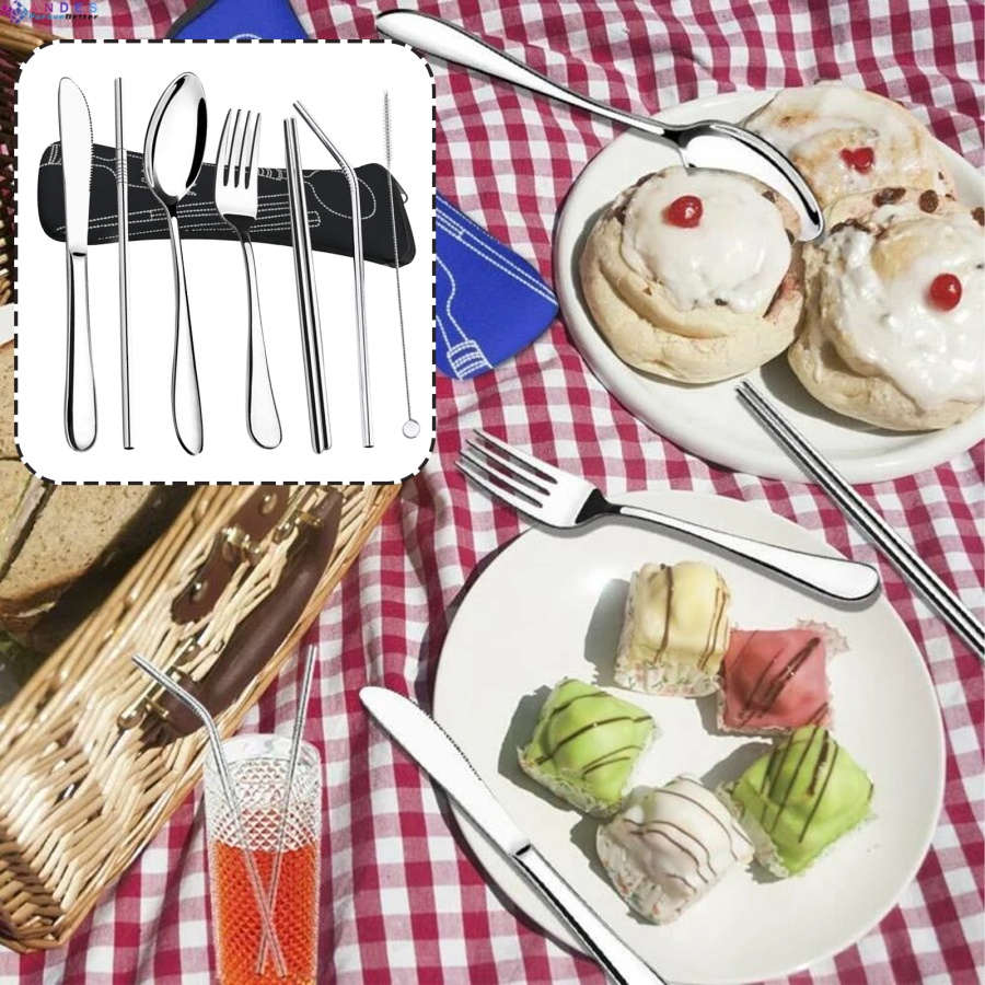 Set 7 món dụng cụ ăn uống bằng thép không gỉ kèm ống hút nhỏ gọn tiện dụng cho văn phòng/ trường học