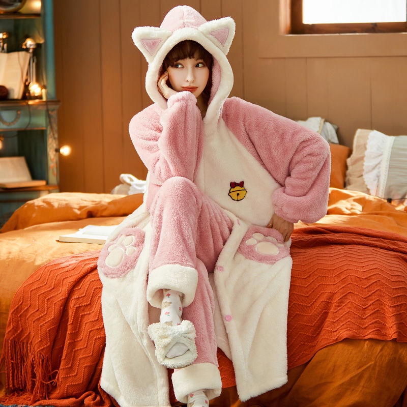 Bộ Đồ Ngủ Tay Dài Chất Nỉ Dày Dặn Thời Trang Thu Đông Dễ Thương Cho Nữ