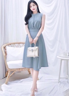 Đầm xám xanh thắt eo (kèm hình thật)