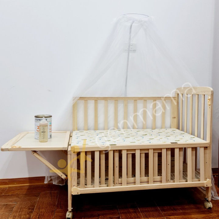 Cũi gỗ cho bé, nôi trẻ em đa năng thiết kế 2 tầng có màn, bánh xe kích thước 105*60*90cm bảo hành 24 tháng