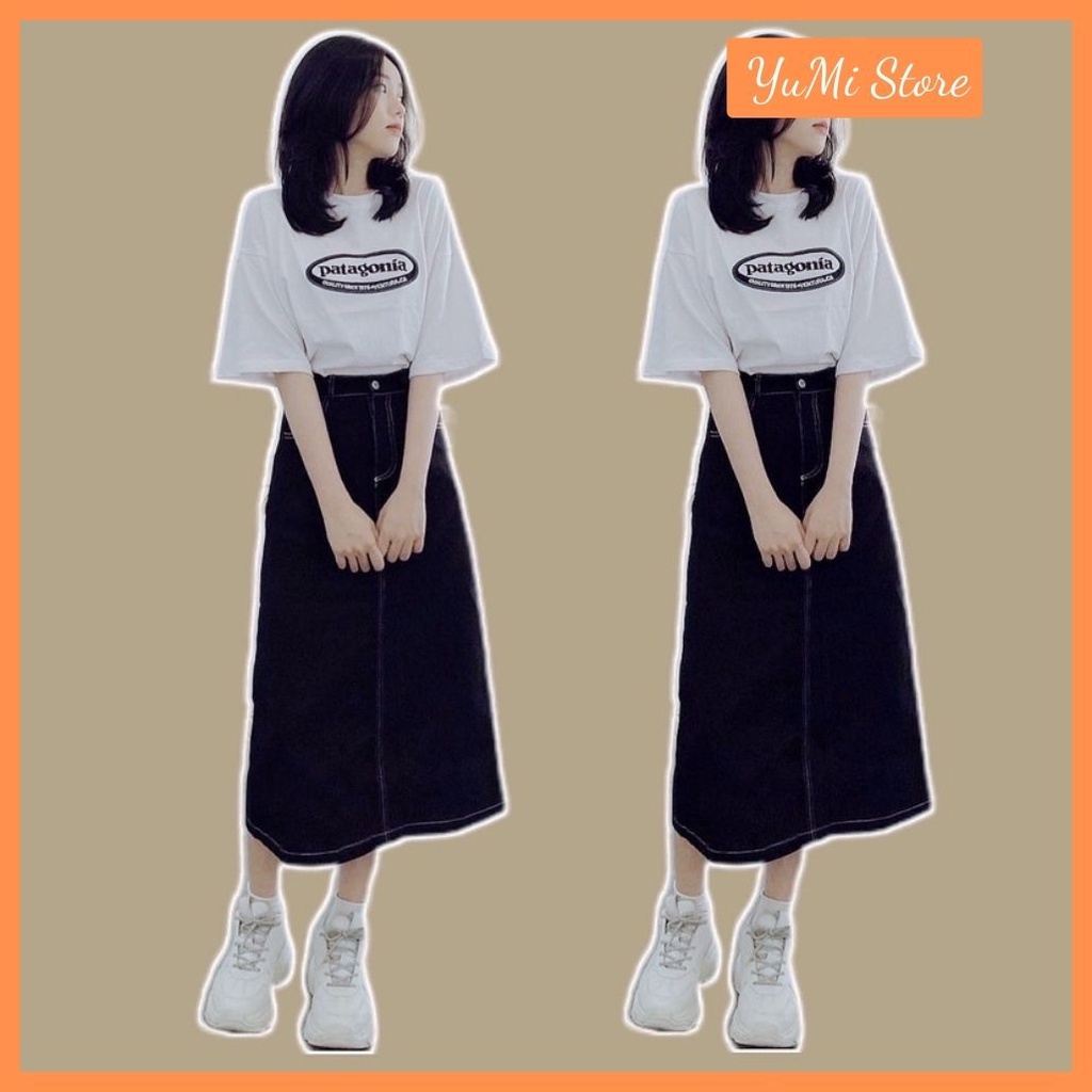 Chân váy kaki đen dáng dài viền chỉ nổi xẻ sau chun eo YuMil store Mã 20