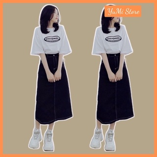 Chân váy kaki đen dáng dài viền chỉ nổi xẻ sau chun eo YuMil store Mã 20