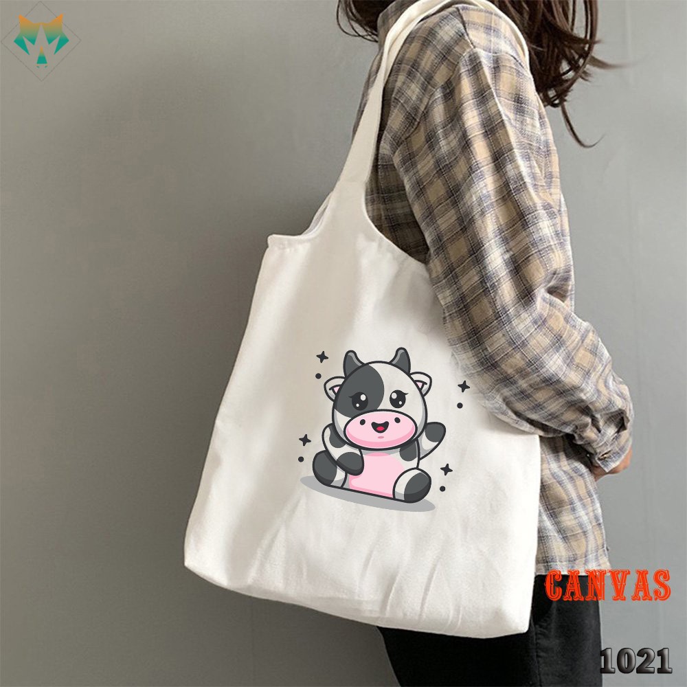 TÚI TOTE TRẮNG CHẤT VẢI CANVAS 1021 484 BÒ SỮA NGÔI SAO DỄ THƯƠNG HÀNG CHUẨN ĐẸP