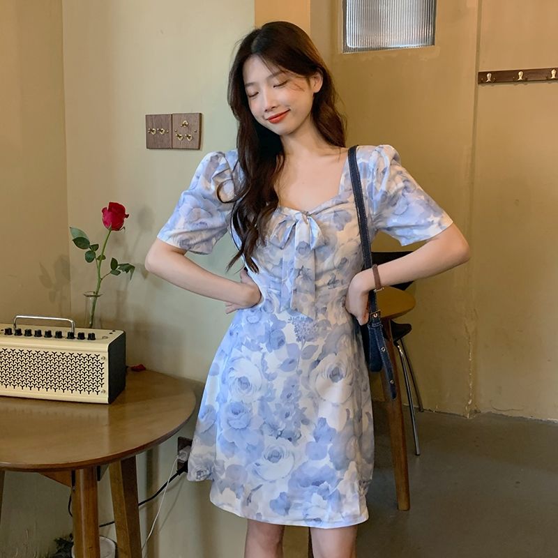 Đầm Ngắn Tay In Hoa Kiểu Retro Pháp Xinh Xắn Cho Nữ