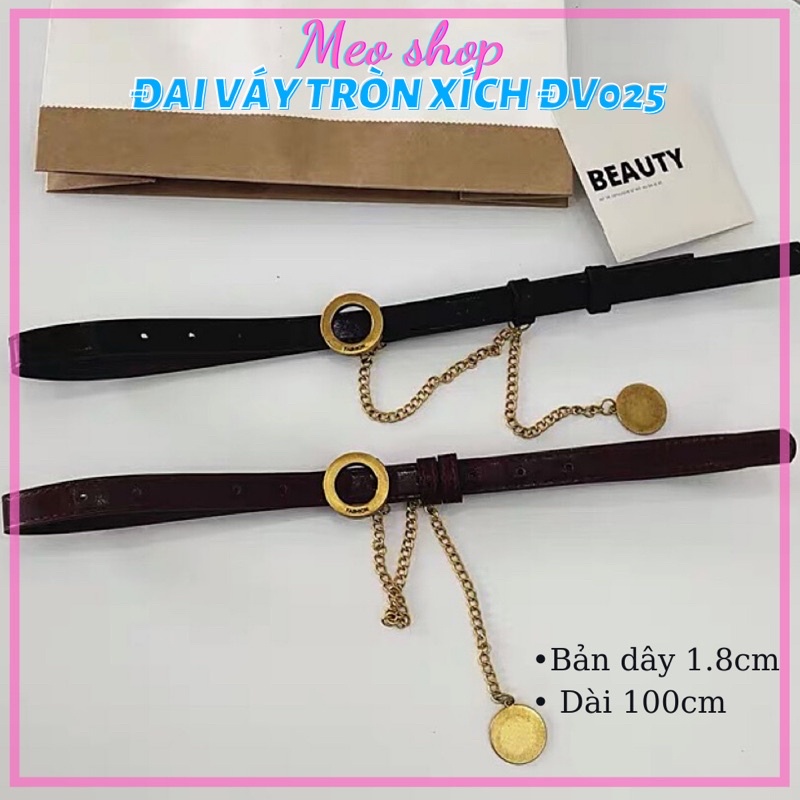 Đai váy da bản nhỏ mặt tròn kèm sợi xích treo Meo shop ĐV025 thắt lưng váy áo vest sơ mi eo nhỏ to tiểu thư