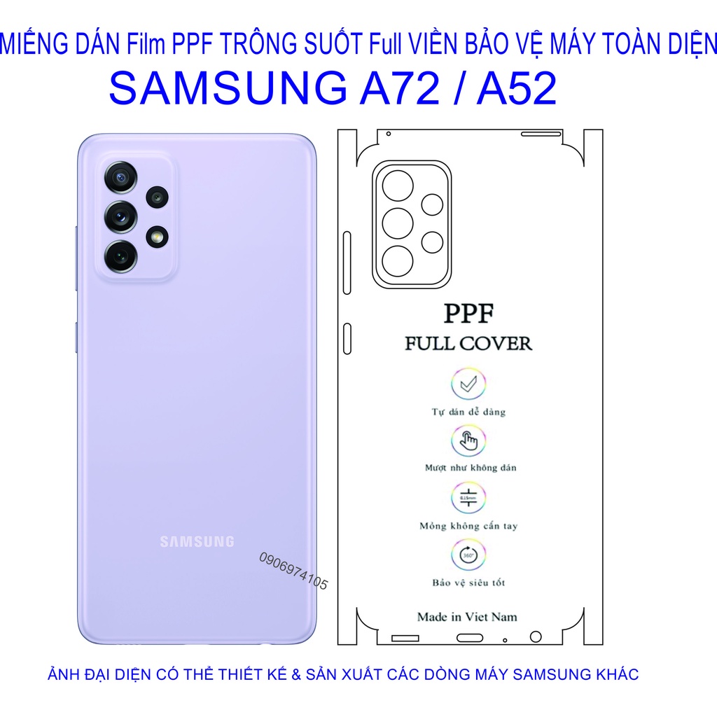 Dán PPF Full viền trong suốt SAMSUNG A72 / A52  bảo vệ máy tránh trầy xước tiệt đối