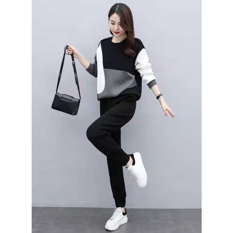 Bộ áo Sweater Cotton + quần dài lưng cao dáng rộng thời trang thu đông