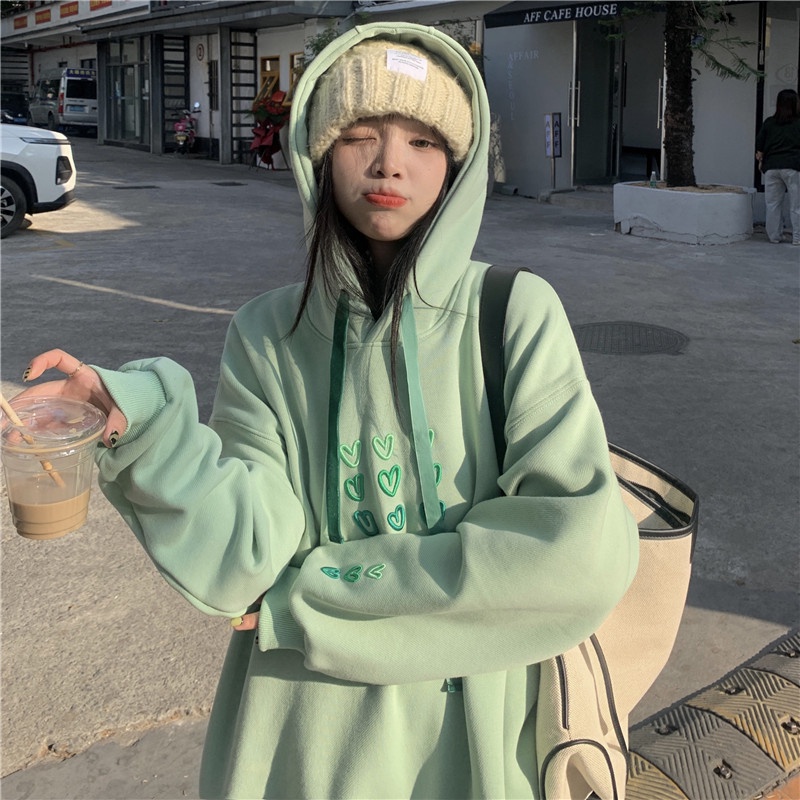 Áo hoodie ZHELIHANGFEI tay dài thêu họa tiết trái tim phong cách Nhật Bản ngọt ngào cho nữ
