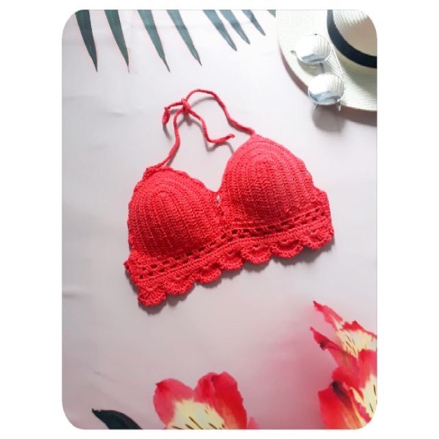 Áo bra bikini len cột dây cotton cao cấp đan móc thủ công tỉ mỉ đi bơi tắm biển