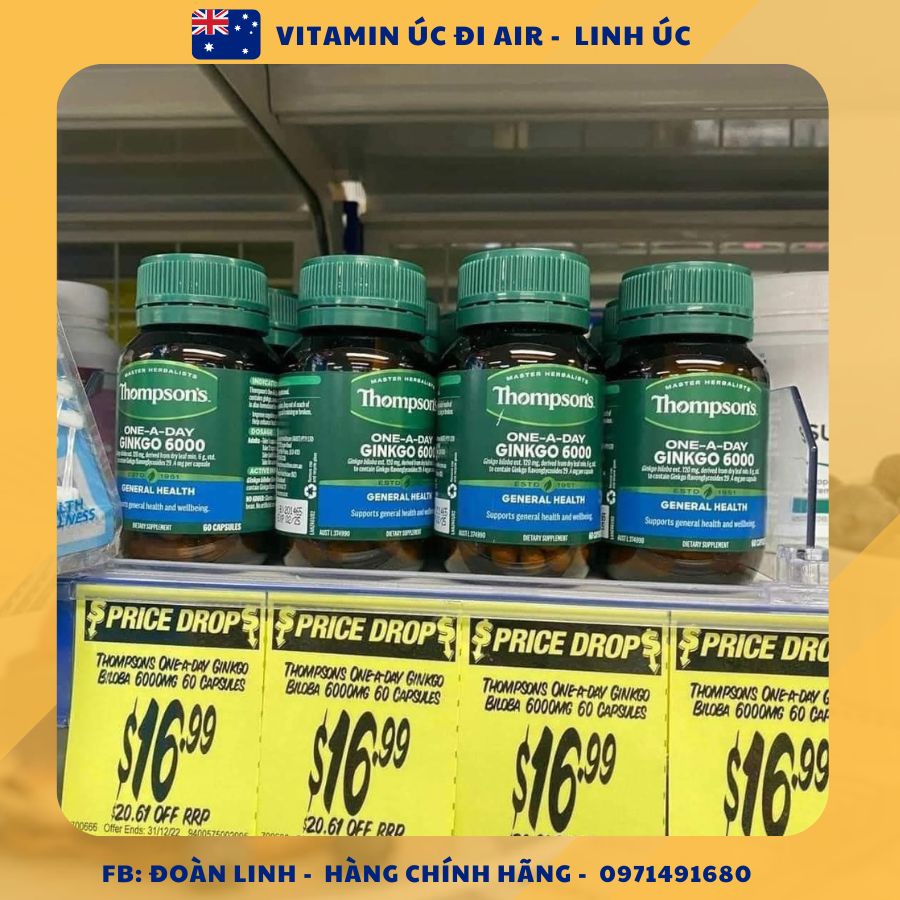 Viên bổ não Ginkgo 6000mg Thompson’s của Úc 60 viên, Hàng Úc Đi Air, Date xa, Ginkgo Biloba 6000mg Thompson's