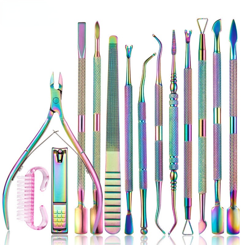 Set 7/14/13 Dụng Cụ Chăm Sóc Móng Tay Bằng Thép Không Gỉ Màu Sắc Cầu Vồng