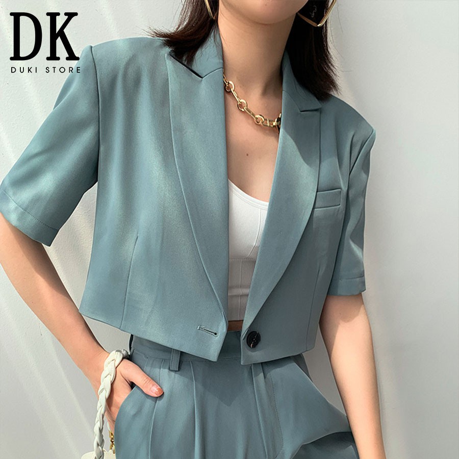 Áo khoác blazer, áo vest blazer nữ dáng lửng màu xanh đá cực xinh - DUKI STORE