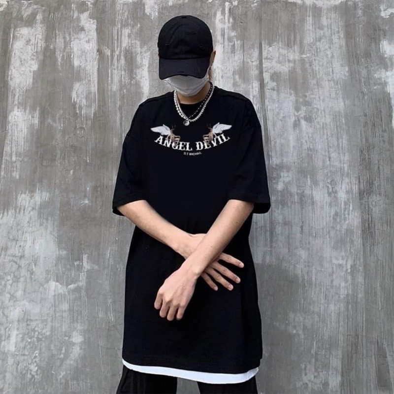 ÁO THUN TAY LỠ ANGEL DEVIL , ÁO THUN COTTON NAM NƯ UNISEX, ( hình chụp thật )