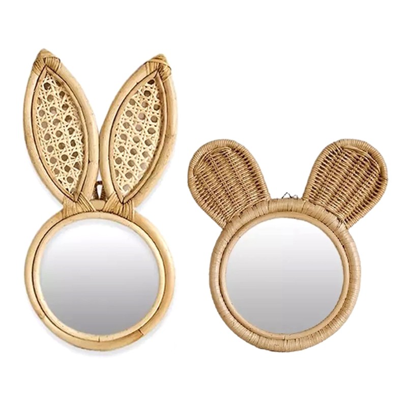 HO Wall Hanging Mirror Decorative Rabbit Ears Rattan Makeup Mirror Home Decoration