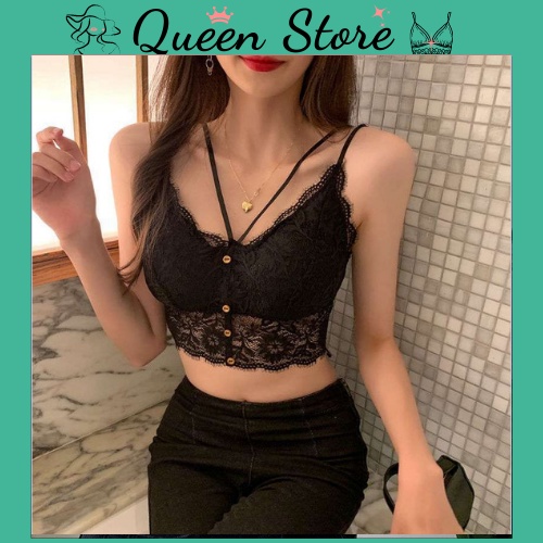 Bralete nữ, áo hai dây nữ ren hoa dáng áo croptop nữ đính khuy có đệm mút ngực dày dặn, hàng Quảng Châu