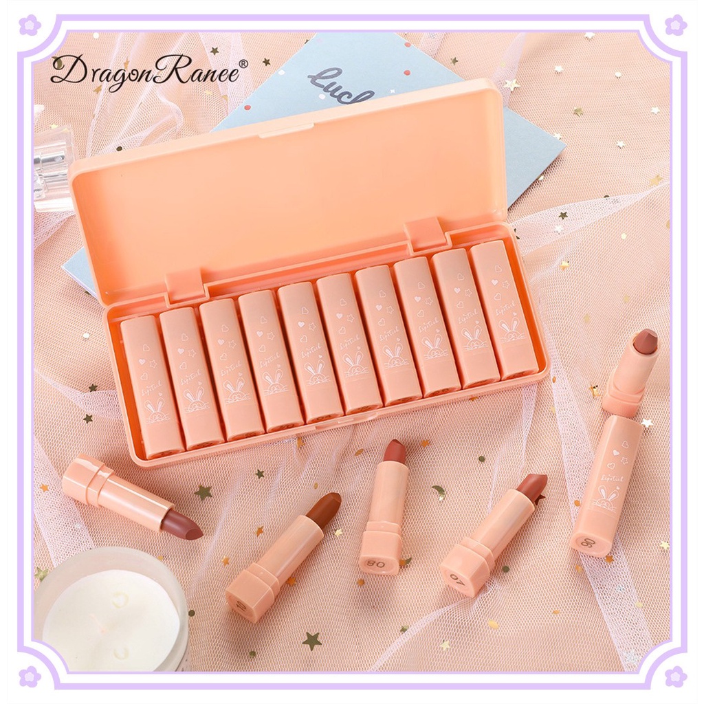 Set 10 Thỏi Son Sáp Tông Nhung Lì Chống Nước Lâu Trôi Với Vỏ Màu Đỏ Cam Dễ Thương