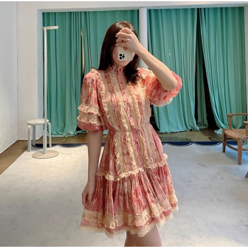 Đầm công chúa dáng xoè tay bồng tone màu hồng ngọt ngào thương hiệu Zimmermann cao cấp