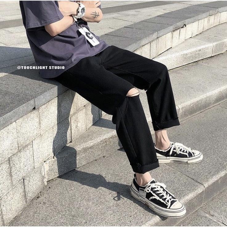 Quần jean baggy rách nam, quần bò đen ống suông rộng rách Gấu+Rách gối QT - 01