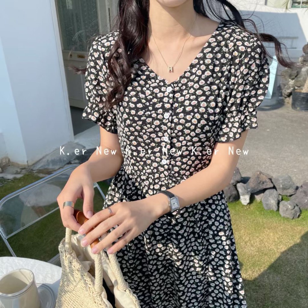 Váy hoa nhí cổ V tay chun dáng dài qua gối VKE1017 Ulzzang style🌻 Hàng Quảng Châu!!!