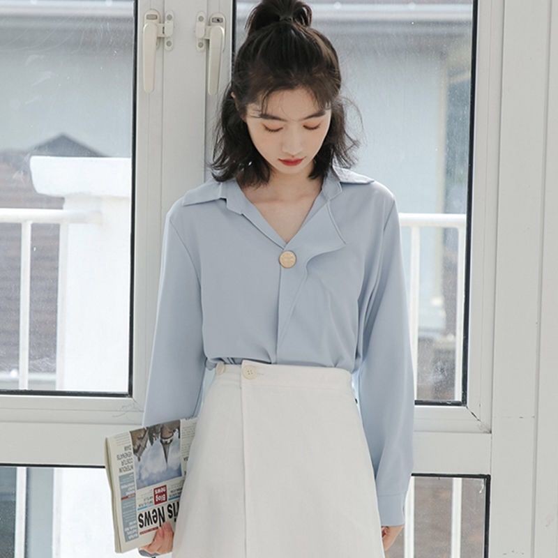[Hàng order] Áo sơ mi nữ thiết kế màu xanh da trời cổ bẻ Hàn Quốc