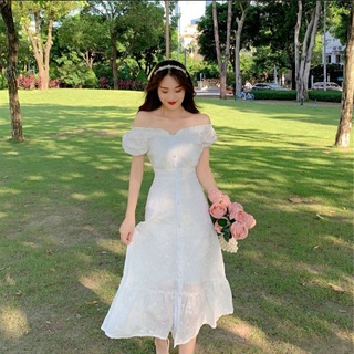 Đầm Midi Trắng Trễ Vai Đuôi Cá