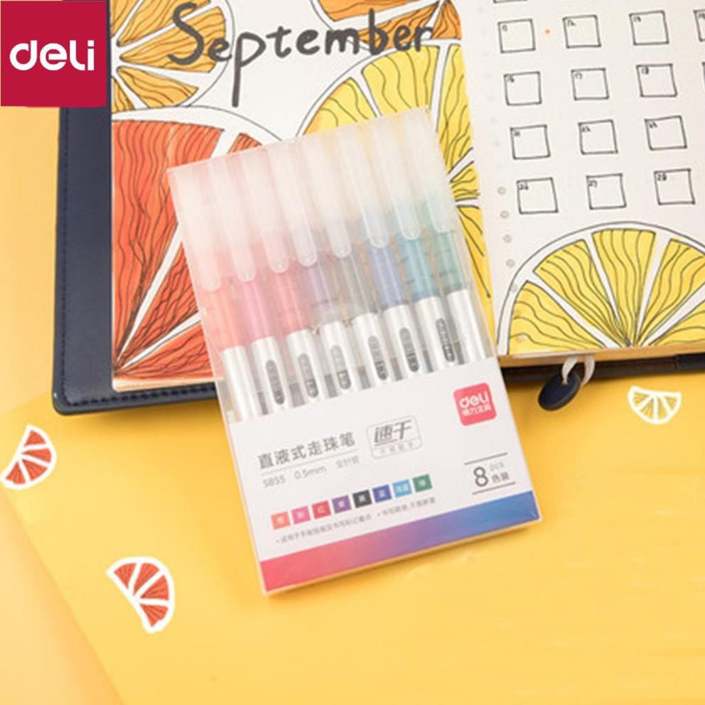 Bộ 8 bút gel nhiều màu Deli - 0.5mm - Mực trơn đều - 8 màu 8 chiếc/Hộp - Caligraphy, liner, đi nét -1 hộp - S855 [Deli]