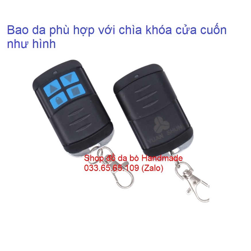 Bọc da chìa khóa cửa cuốn, bao da remote cửa bằng da bò, bảo hành 12 tháng, khắc tên theo yêu cầu