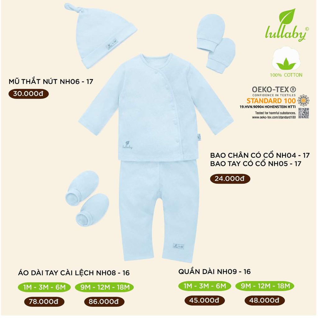 Set sơ sinh cài lệch Lullaby vân tháng gồm quần áo sơ sinh, 1 mũ, 1 đôi bao tay, 1 đôi bao chân, hàng cao cấp chính hãng