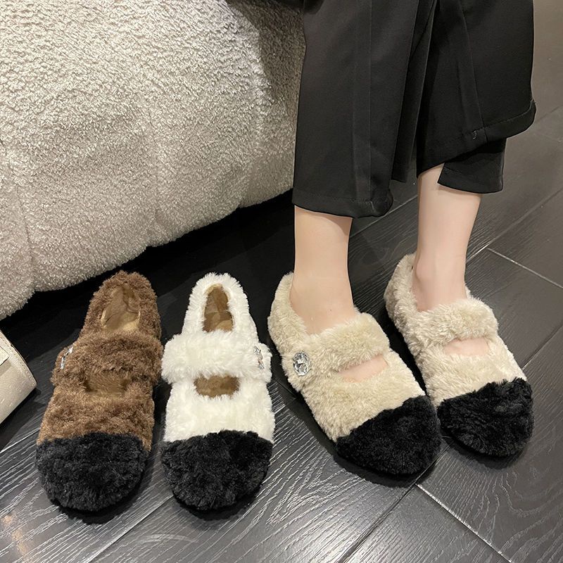 Giày Đế Bằng Chống Trượt Phối Lông Cừu Dễ Thương Xinh Xắn Dành Cho Nữ