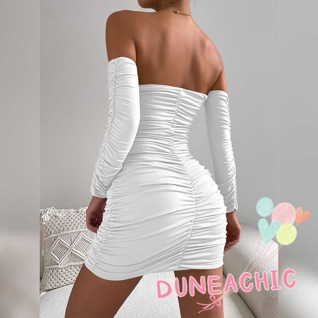 DUNEA Đầm Nữ Tay Dài Hở Vai Xếp Ly Thời Trang Quyến Rũ