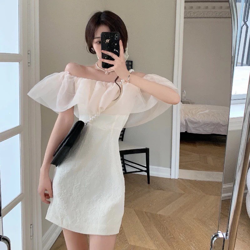 Váy Trễ Vai Chất Gấm Xốp Bèo Voan Tơ Ulzzang Hàn Quốc