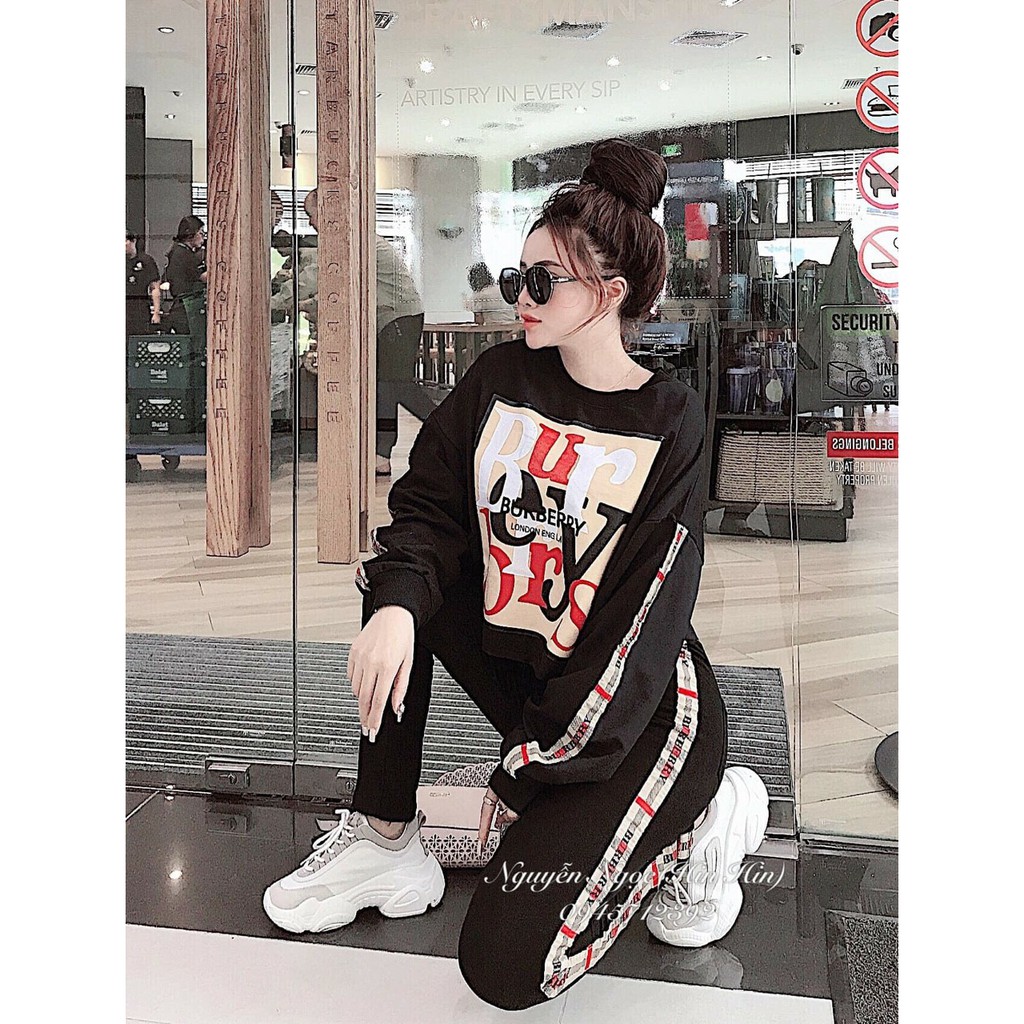 Sét Áo Thun Tay Dài In Chữ Kiểu Kết Hợp Quần Dài Phối Viền Sang Chảnh TTS1039