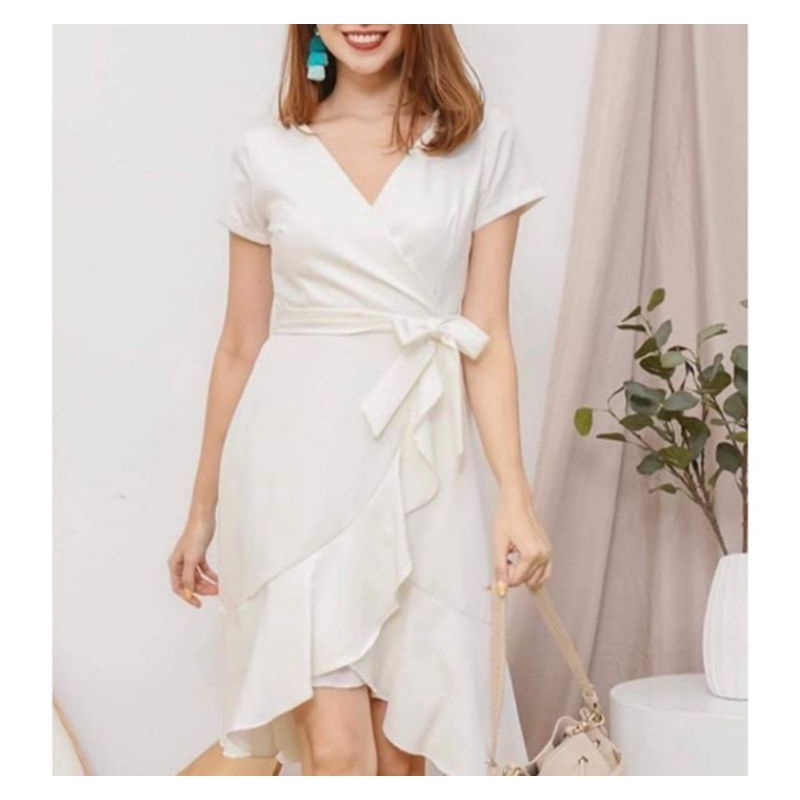Đầm voan đắp chéo tà công sở Asos VNXK đầm ngắn xoè kèm belt màu xanh navy và trắng kem xuất khẩu dư xịn