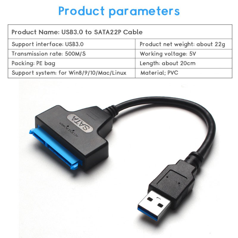 Dây cáp kết nối chuyển đổi đầu SATA 22Pin thành USB 3.0 dài 20cm bằng PVC