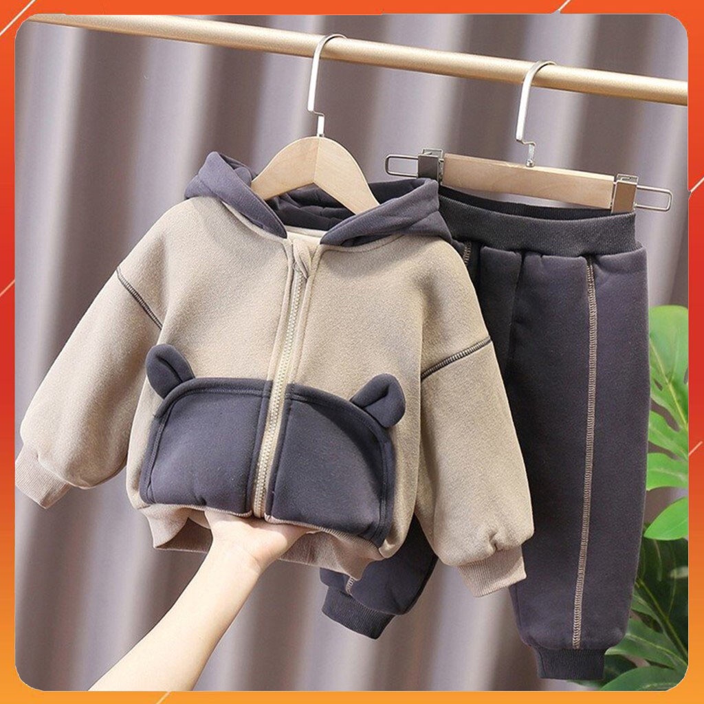 Bộ nỉ bông cho bé BINBON KIDS, bộ nỉ bé trai hình mũ tai gấu cực xinh cho bé trai bé gái từ 6- 26kg Mã NG89