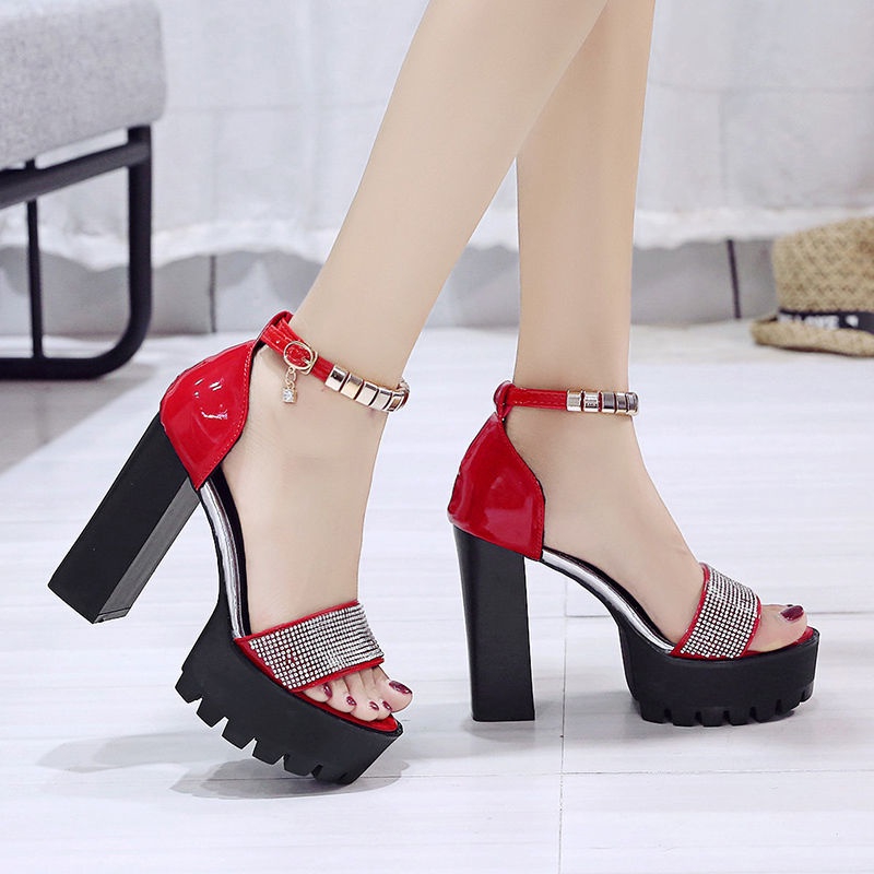 Giày cao gót 12 phân giày cao gót vintage giày cao gót 12cm Giày Sandal Cao Gót Đế Dày Cài Khóa Đính Đá Chống Thấm Nước JJXDXF0706
