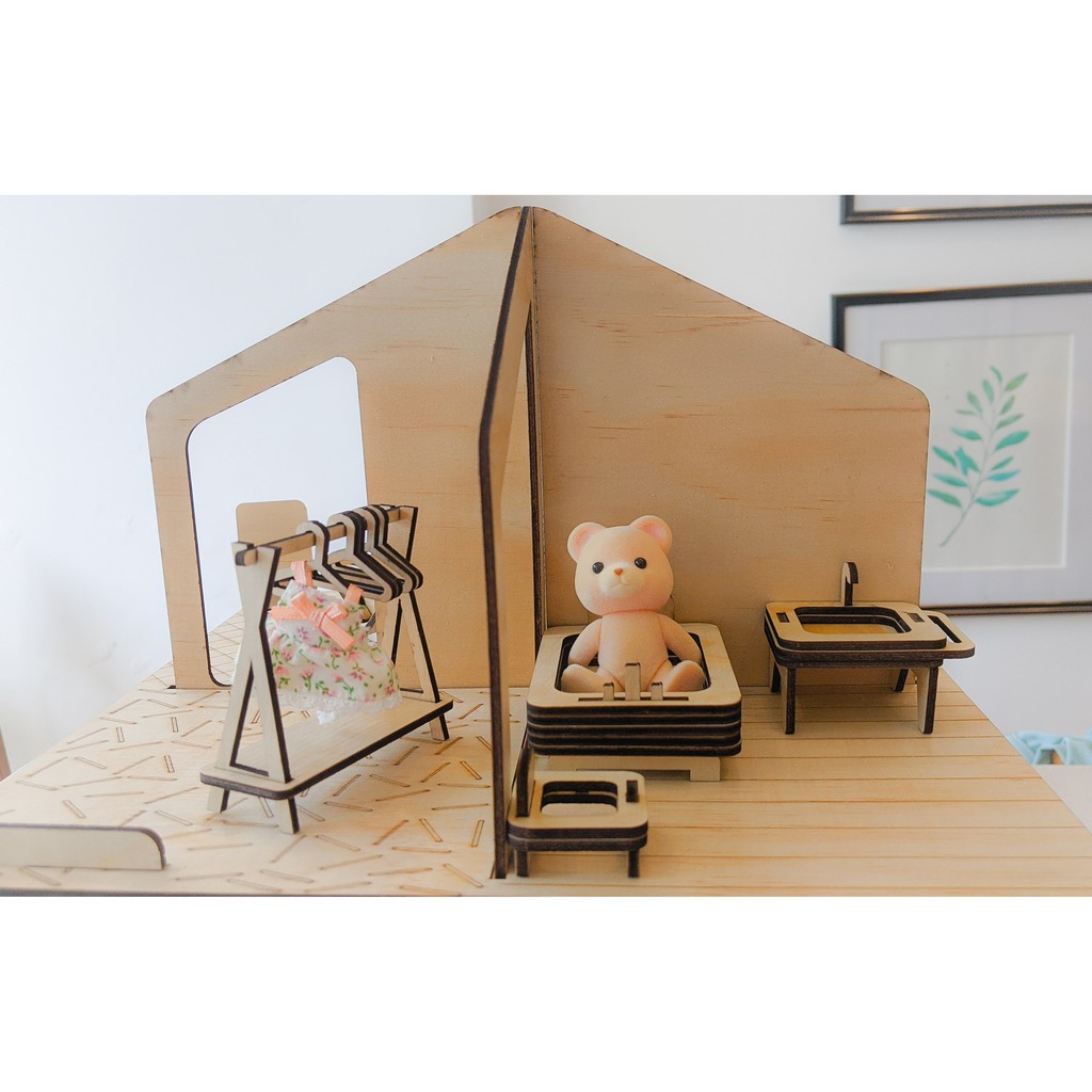 Mô hình nhà búp bê gỗ kèm nội thất lắp ráp