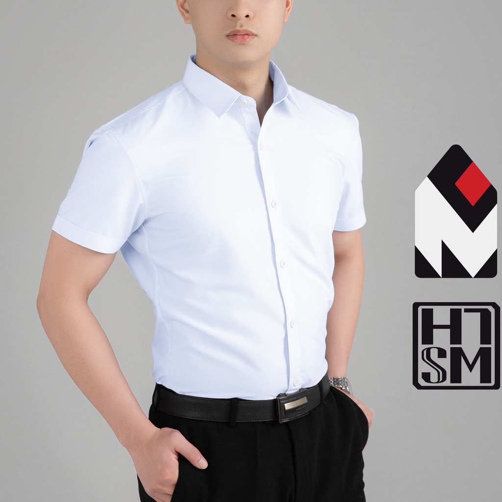 Áo sơ mi nam ngắn tay HTSM MAGNOR vải Polyspun trơn, chống nhăn, cổ bẻ, dáng slimfit công sở không túi ngực