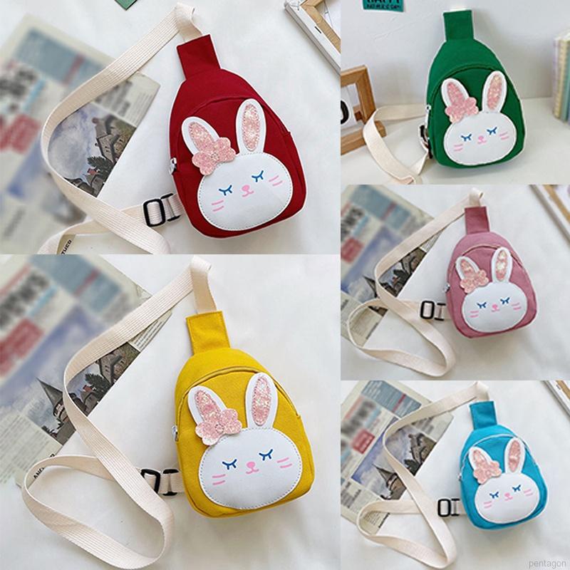 Túi đeo chéo vải canvas họa tiết thỏ hoạt hình dễ thương có thể điều chỉnh cho bé gái
