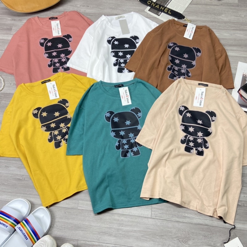 Áo phông cotton phom thụng tay lỡ hình người máy đen Áo thun nữ dáng rộng