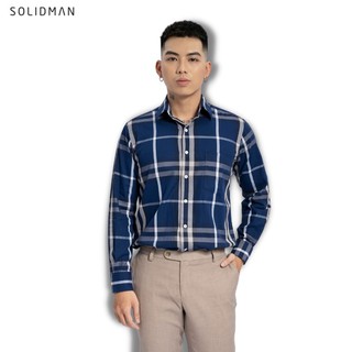 Áo sơ mi nam tay dài Solidman chất vải cotton mềm, sọc caro màu xanh navy, sang trọng, lịch lãm