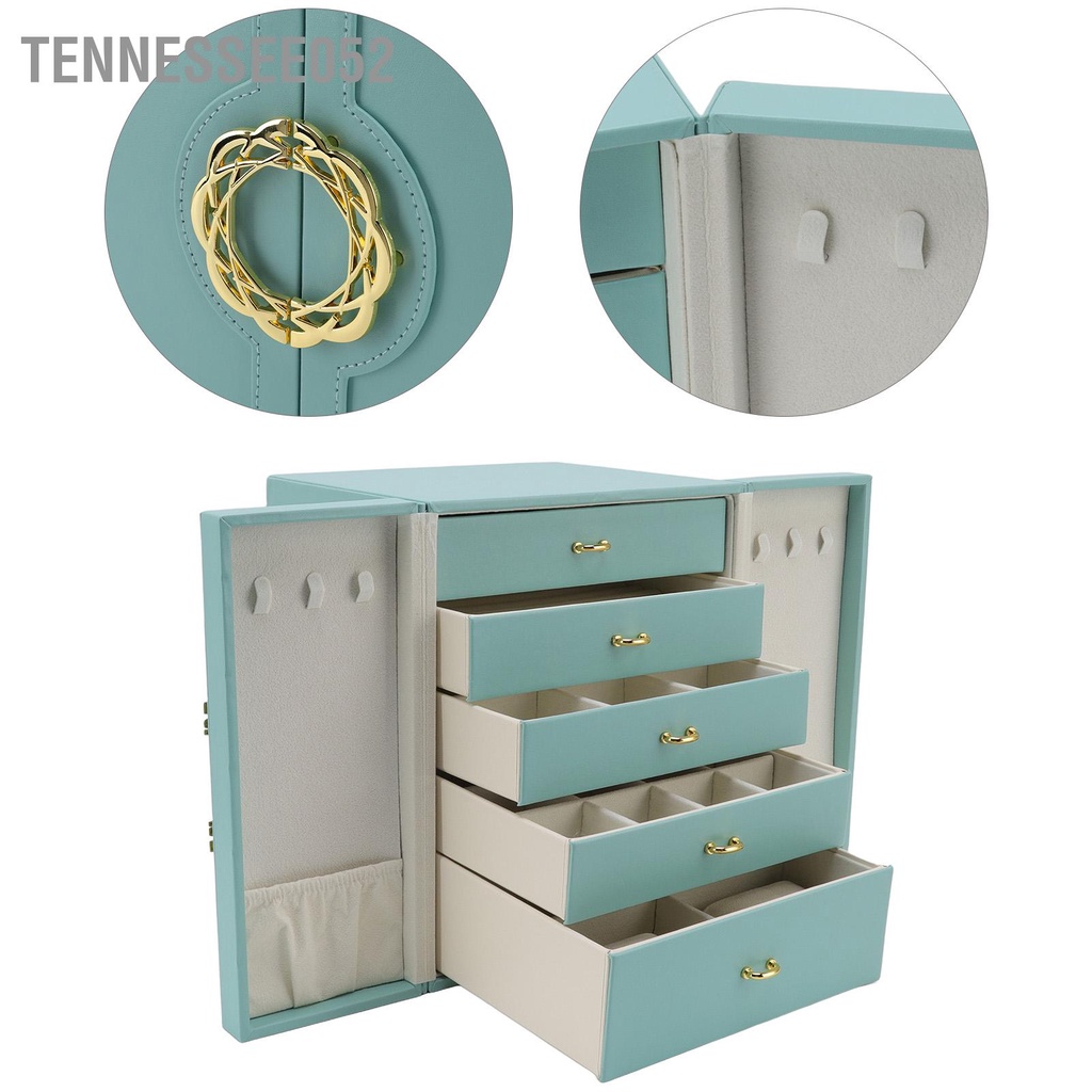 [Hàng HOT] Hộp Đựng Trang Sức Bằng cao cấp bọc da 5 tầng Hai Cửa Màu Xanh Lá Phong Cách Châu Âu sang trọng【Tennessee052】