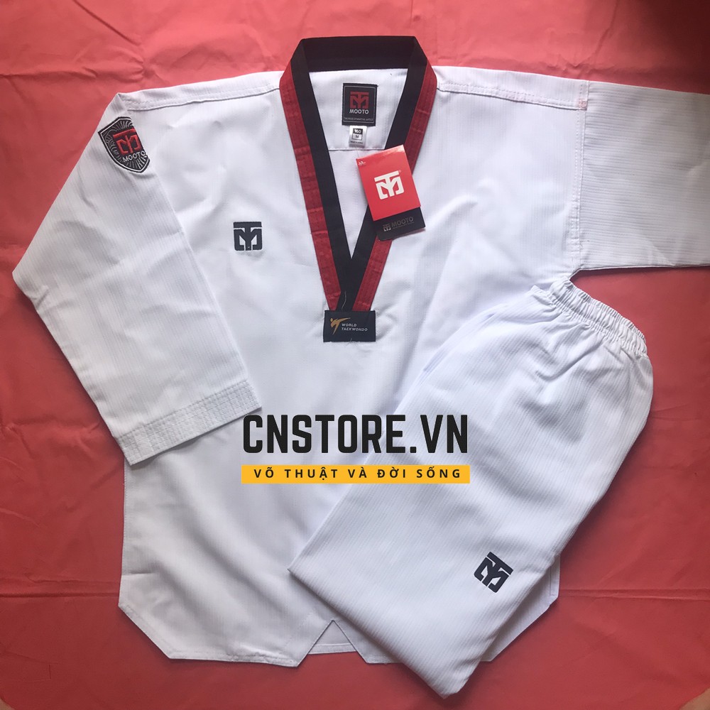 Võ Phục Taekwondo Cổ Đỏ Đen Vải Sọc Mooto Loại Tốt