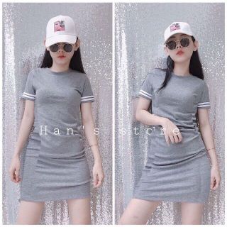 Đầm body trơn sọc tay