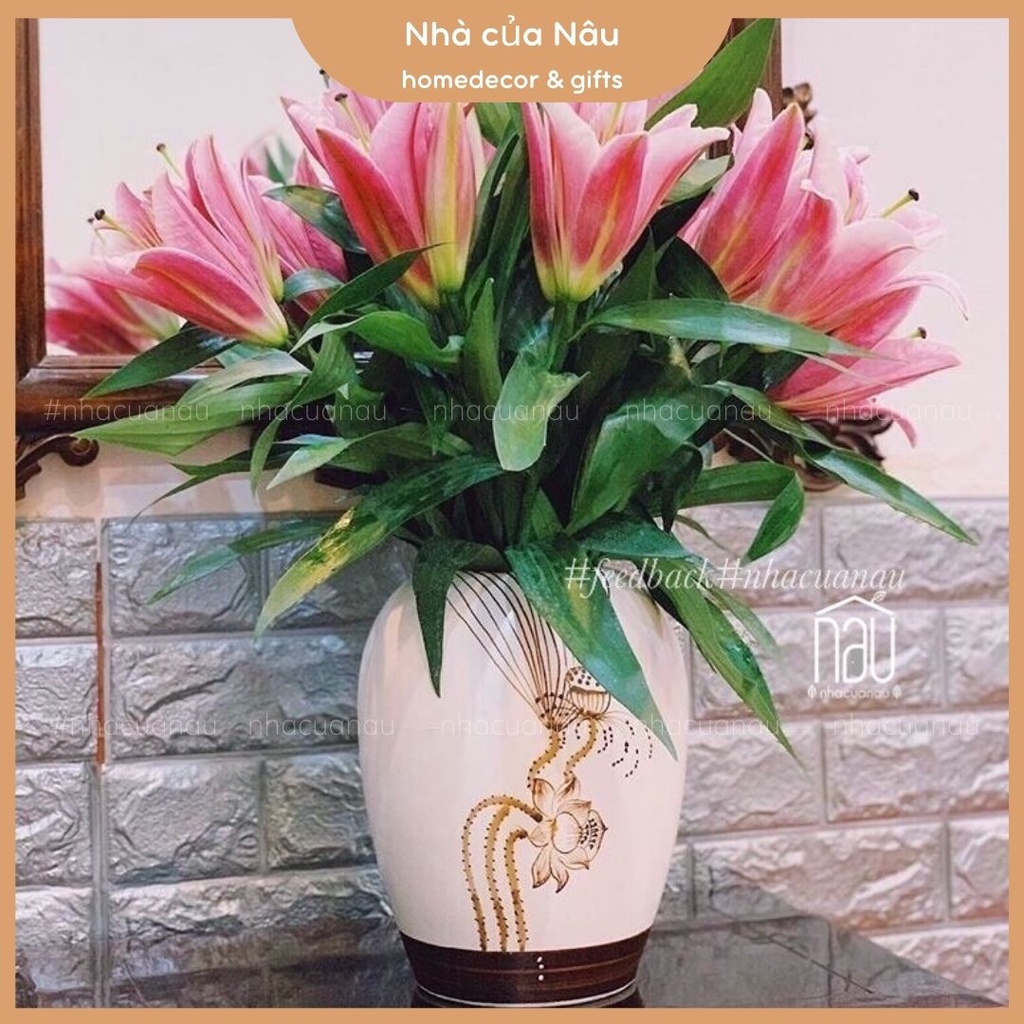 Bình bông lọ hoa gốm truyền thống Bát Tràng họa tiết sen Nâu dễ cắm nhiều loại hoa, trang trí decor, làm quà Tân gia