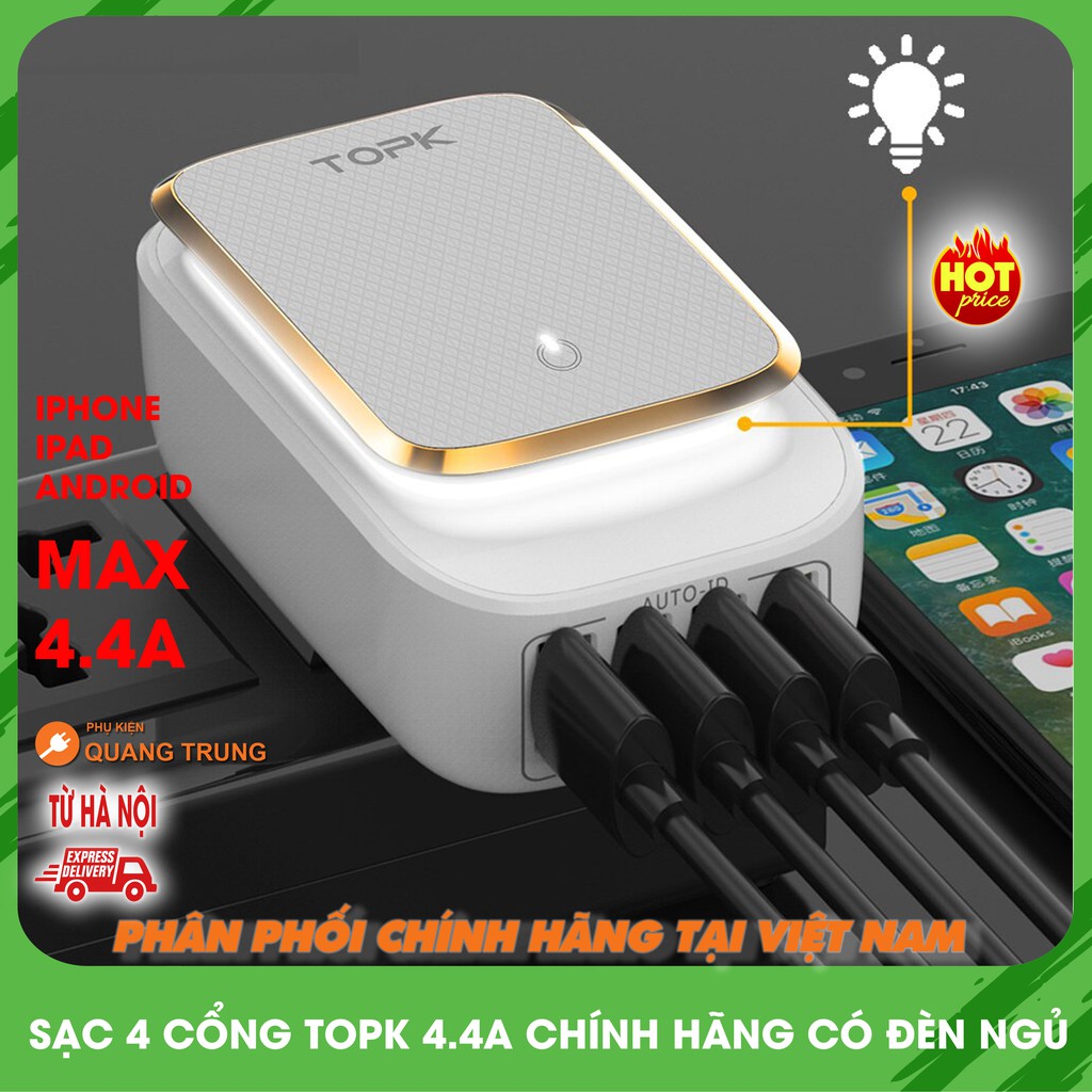 Củ Sạc Điện Thoại TOPK - 4 Cổng USB – Tích Hợp Đèn Ngủ Cảm Ứng