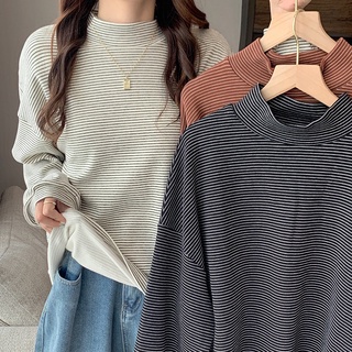  Áo thun SUXI cổ cao dáng rộng vải dày họa tiết kẻ sọc phong cách Hàn Quốc thời trang mùa thu cho nữ 